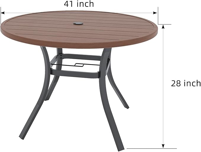 Round Outdoor Dining Table, 41-inch All-Weather Patio Table with Adjustable Umbrella Hole for Deck Lawn Garden Backyard Balcony Deck, Metal Frame Slatted Tabletop