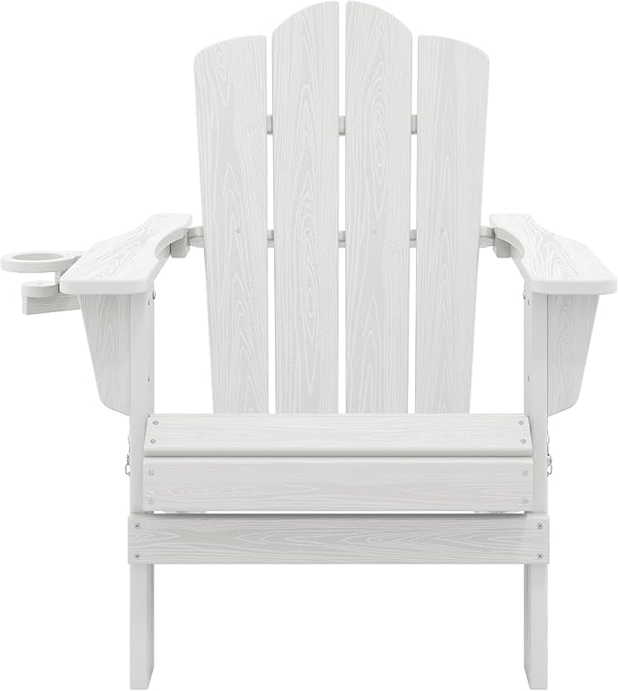KINGYES Folding Adirondack Chair, HDPE All-Weather Patio Chairs with Cup Holder, Wooden Textured Fire Pit Chairs for Poolside, Backyard, Deck, White