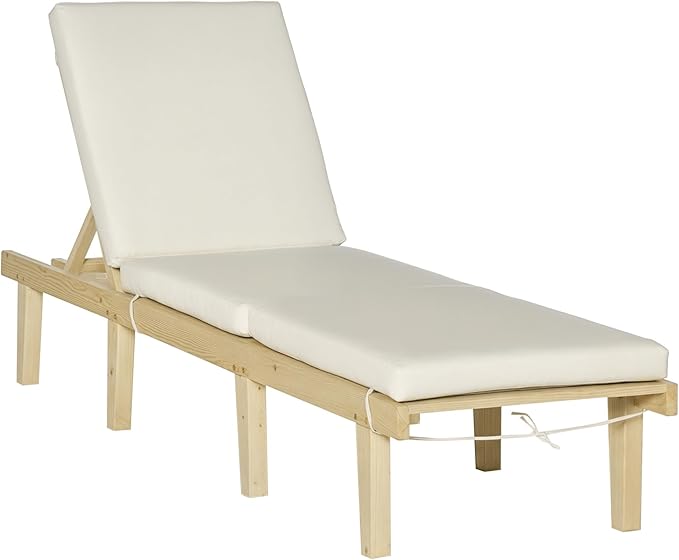 Outsunny Chaise Lounge Chair for Outdoor, Wood Outdoor Chaise Lounge with 4-Position Adjustable Backrest and Cushion, Reclining Beach Lounge Chair for Deck, Pool, Lawn and Sunbathing, Natural