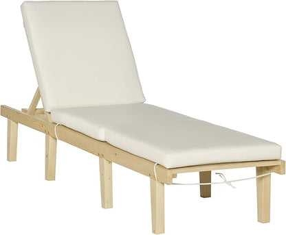 Outsunny Chaise Lounge Chair for Outdoor, Wood Outdoor Chaise Lounge with 4-Position Adjustable Backrest and Cushion, Reclining Beach Lounge Chair for Deck, Pool, Lawn and Sunbathing, Natural