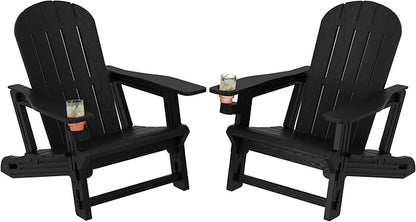 Shintenchi Adirondack Chairs Set of 2,HDPE Adirondack Chairs w/Removable Tablelop & Umbrella Hole,All-Weather Wooden Textured Plastic Outdoor Chairs w/Cup Holders for Garden Backyard Pool,Black