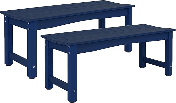 Weatherproof HIPS Outdoor Bench, 2-Person Patio Dining Bench, All-Weather Poly Lumber Garden Bench, Never Rot or Fade, Park Bench with Wood Grains for Porch, Deck, Entryway, DarkBlue, 2 Pack