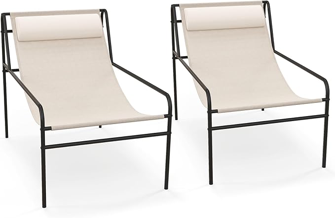 Tangkula Patio Sling Lounge Chair, Modern Sling Accent Chair w/Removable Headrest Pillow, Heavy-Duty Metal Frame, Breathable Seat Fabric, Leisure Chair for Indoor Outdoor, 350 lbs Max Load (2)