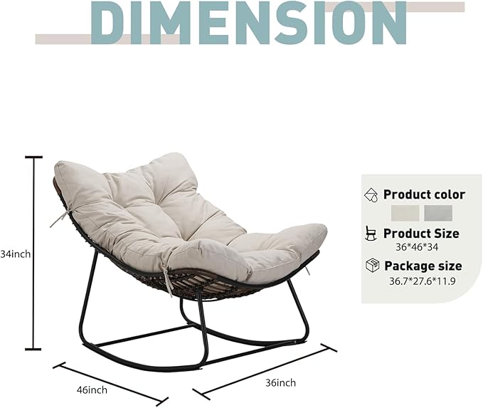 Outdoor Papasan Rocking Chair Oversized - Rocking Chair with Soft Cushion, 30° Rocker Egg Chair for Patio, Front Porch, Backyard, Living Room, Beige