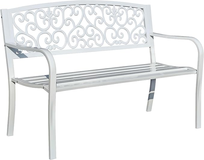 Hi-Line Gift Ltd. Harmony in White- Steel and Cast Iron Garden Bench for Outdoor Serenity