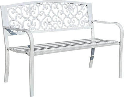 Hi-Line Gift Ltd. Harmony in White- Steel and Cast Iron Garden Bench for Outdoor Serenity