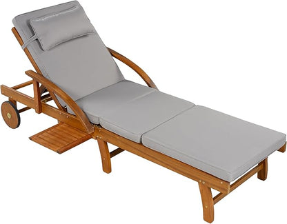 Acacia Wood Outdoor Patio Chaise Lounge, All Weather Reclining Lounge Chairs with Adjustable Backrest& Leg Rest, 2 Wheels, Headrest, Retractable Side Tray for Poolside Garden Beach (Gray-3.17)