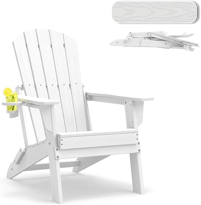 Folding Adirondack Chair, HDPE Outdoor Patio Chair with Cup Holder, All Weather Plastic Lawn Chair with Wide Armrests, Portable Patio Chair for Backyard Deck Garden Fire Pit Poolside, White