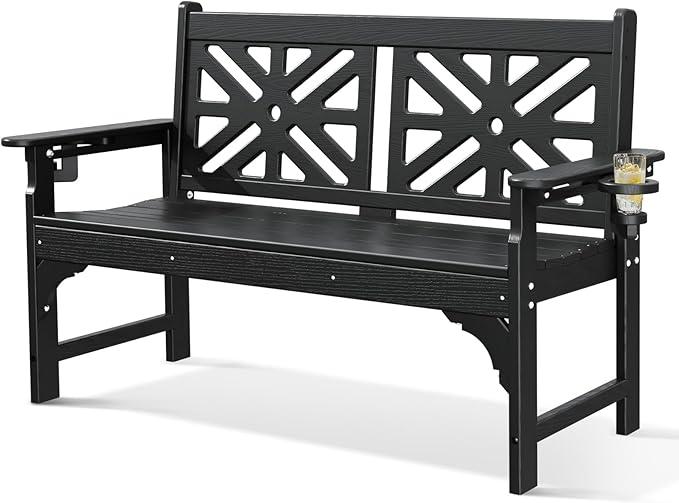 Oversized Outdoor Bench with Cup Holders, 51.5” HDPE Aesthetic Garden Bench for 2 Person - Photo 1