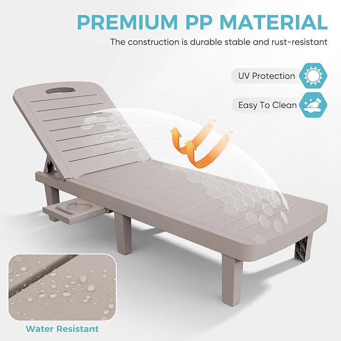 Outdoor Chaise Lounge Set of 6, 5-Position Adjustable Sun Lounge w/Pull-Out Tray, Waterproof PP Lounge Chairs for Outside, Lounge Chairs for Poolside, Patio, Beach, Yard in All Weather,Grey