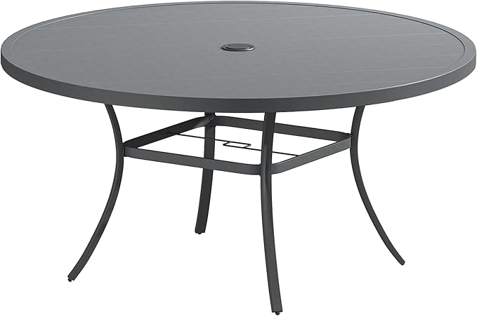 Patio Dining Table for 8-10, Round Metal Outdoor Table with 1.57" Umbrella Hole, 60" Outdoor Slat Tabletop Dining Table for Backyard, Porch, Lawn, Dark Grey