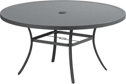 Patio Dining Table for 8-10, Round Metal Outdoor Table with 1.57" Umbrella Hole, 60" Outdoor Slat Tabletop Dining Table for Backyard, Porch, Lawn, Dark Grey