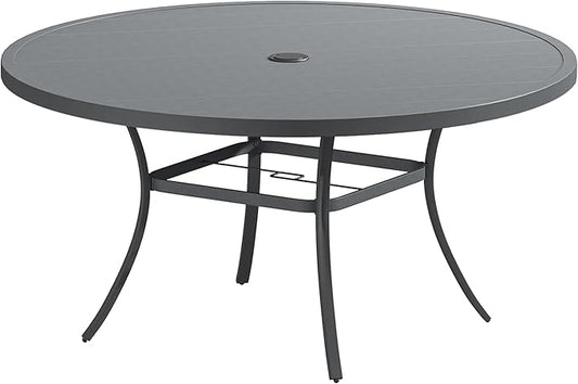 Patio Dining Table for 8-10, Round Metal Outdoor Table with 1.57" Umbrella Hole, 60" Outdoor Slat Tabletop Dining Table for Backyard, Porch, Lawn, Dark Grey
