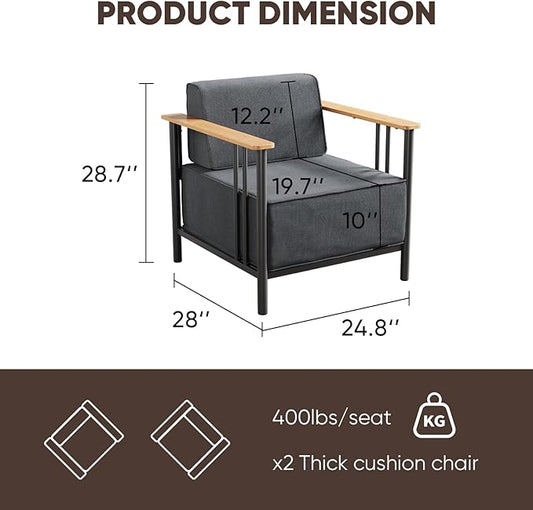 10-inch Thick Cushion Outdoor Furniture Set, 2-Piece Patio Chair Set, Made of PE Material with Wood Grain armrests, trapezoidal backrest, Indoor/Outdoor Balcony Seating, Dark Gray | Gray Cushion