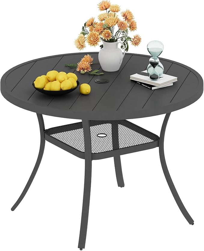 VICLLAX 40.6" Round Metal Outdoor Dining Table for 4, Patio Table with Umbrella Hole and Storage Shelf for Garden, Lawn, Deck, Dark Grey