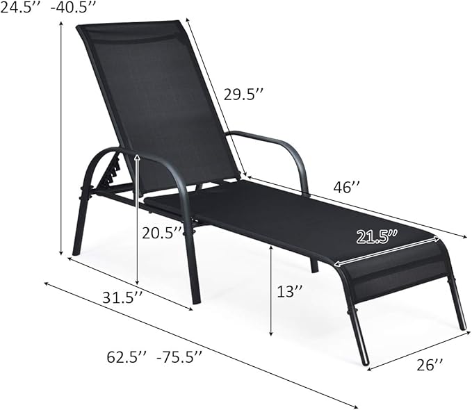 Tangkula Lounge Chair Outdoor, Patio Chaise Lounge with Adjustable Backrest, Reclining Pool Lounge Chair for Outside with Heavy Duty Steel Frame, Suitable for Beach, Yard, Balcony, Poolside