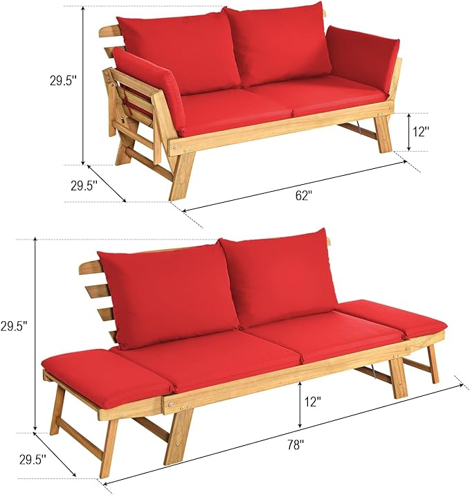 DORTALA Patio Convertible Couch Sofa Bed, Acacia Wood Daybed w/Adjustable Armrest, Collapsible Chaise Lounge w/Cushions & Pillows, Outdoor Loveseat for Poolside, Courtyard (Red)