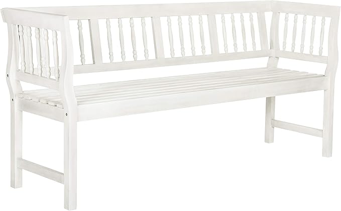 SAFAVIEH Outdoor Patio Furniture Collection – Brentwood Antique White Distressed Acacia Wood Bench with Silver Accents, Classic Outdoor Seating for Porch or Garden (PAT6732C)