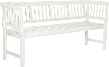 SAFAVIEH Outdoor Patio Furniture Collection – Brentwood Antique White Distressed Acacia Wood Bench with Silver Accents, Classic Outdoor Seating for Porch or Garden (PAT6732C)
