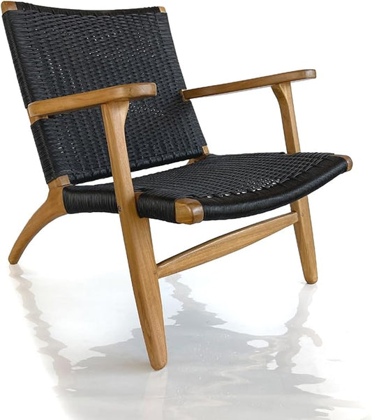 Indonesian Grade A Teak Wood Monterey Club Lounge Chair. Midcentury Modern Comfortable Design Chair Double handweaved Rope. Backyard, Poolside, Balcony Living Room. (Black)