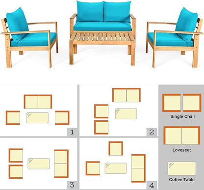 COSTWAY 4 Pieces Outdoor Acacia Wood Sofa Set, Outdoor Conversation Sofa Set with Table & Cushions Porch Chairs for Garden, Patio, Deck