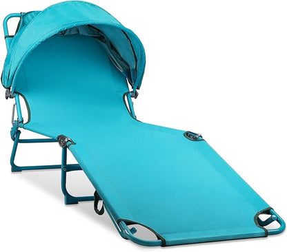 Colorsoul Tanning Chair with Sun Canopy,Adjustable 4-Position Beach Lounge Chair for Adults,Heavy Duty Folding Outdoor Lounge Chair,for Patio Poolside Sunbathing,UPF 50+,300 LBS,Blue