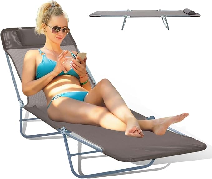 Folding Chaise Lounge Chair, Pool Sun Tanning Chair, Outdoor Lounge Chair with 5-Position Reclining Back, Breathable Mesh Seat, Headrest for Beach, Yard, Patio(Brown)