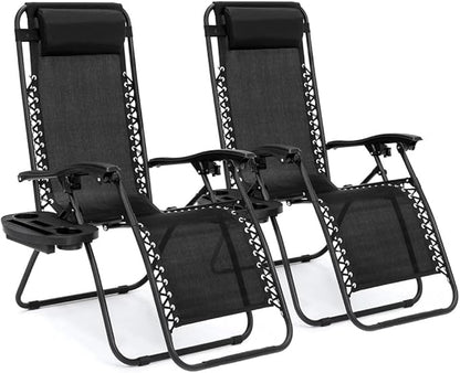 EZONE Zero Gravity Lounge Chairs Outdoor Adjustable Reclining Patio Chair Steel Mesh Folding Recliner for Pool Beach Camping Lounge Chair with Pillows and Cup Tray (2, Black)