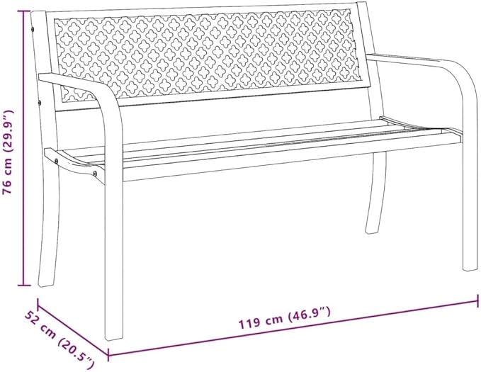 47 inch Black Metal Outdoor Bench 2-Seat Patio Garden Seating Heavy-Duty Powder-Coated Steel Frame Rectangular Porch Furniture for Backyard Lawn Deck