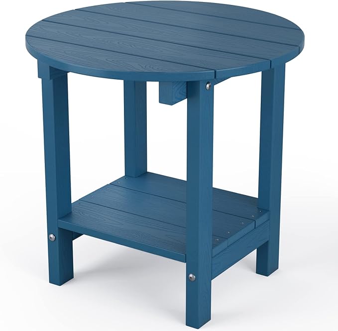 MXIMU Round Outdoor Side Table Adirondack Tables 18 Inch Chairside End Tables with Storage Shelf, 2-Tier Plastic Patio Side Table for Balcony Backyard Lawn (Navy, 1 Pack)