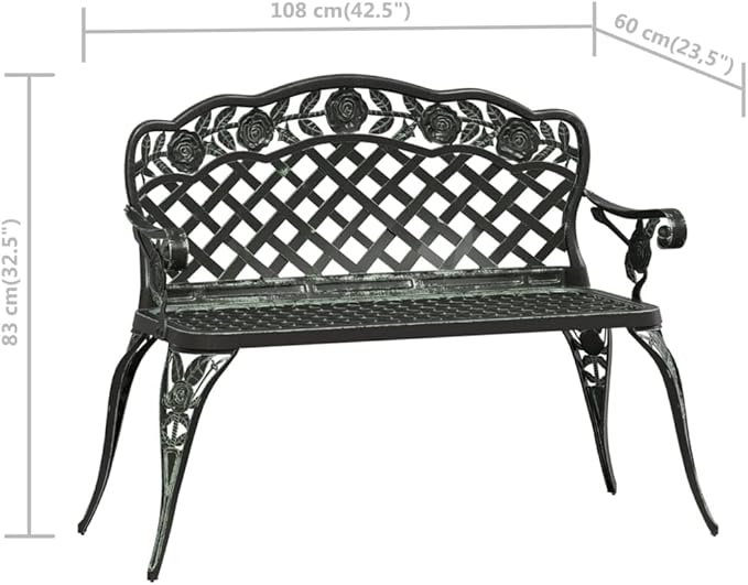 Green Cast Aluminum Garden Bench with Floral Patterns, Durable Outdoor Seating for Patio and Balcony, 2-Person Comfortable Bench with Sturdy Iron Legs, Weather-Resistant