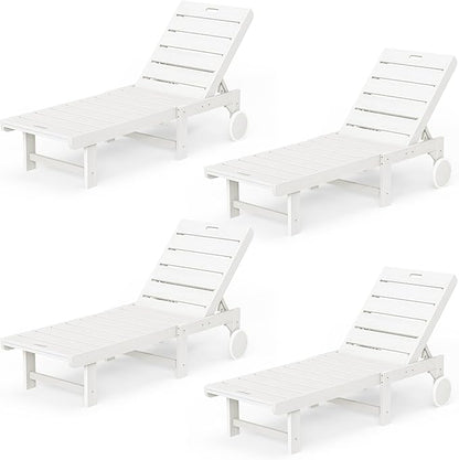 Outdoor Chaise Lounge Chairs Set of 4, 26.8” Super Wide Lounge Chair Outdoor, HDPS Pool Chairs with 5 Positions, Patio Lounge Chair with Wheels for Pool,Lawn,Backyard, White