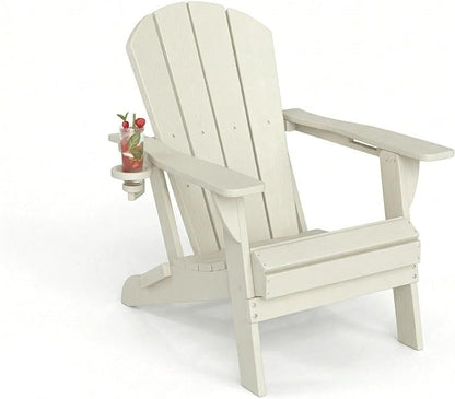Kingdura Foldable Adirondack Chair, Portable HDPE All Weather Resistant Outdoor Patio Chair, Wooden Textured with Cup Holder, 380LBS Capacity for Poolside, Backyard, Deck, Fire Pit (White)