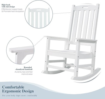 Psilvam Oversized Outdoor Rocking Chair Set of 2, Porch Rocker with 21" Wide Seat and 32" Tall Backrest, Pre-Assembled with Most Components for Effortless Installation (White)