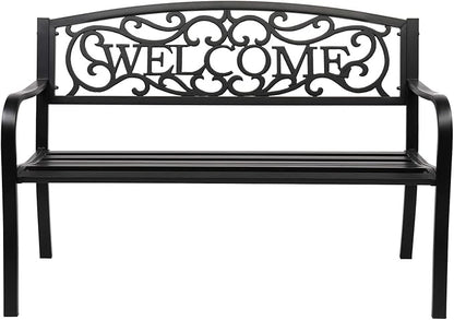 VINGLI Outdoor Bench with PVC Welcome Back Pattern, Rust-Resistant Metal Black Garden Bench, Porch Steel Bench for Patio, Porch, Park, Lawn Decor