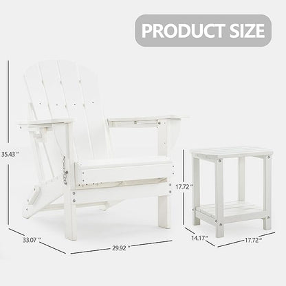 4 Chairs & 2 Tables Folding Adirondack Chair Set with Table – HDPE Weatherproof Outdoor Patio Chairs with Reclining Back and Cup Holders, 2-Tier Storage End Tables for Firepit Garden(White)