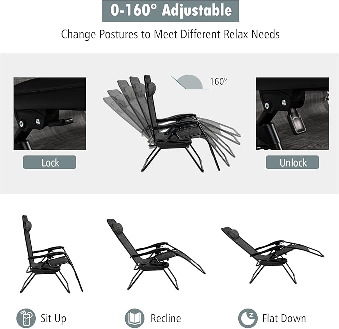 Tangkula Zero Gravity Chair, Folding Patio Lounge Chair Adjustable Outdoor Recliner with Cup Holder - Photo 5