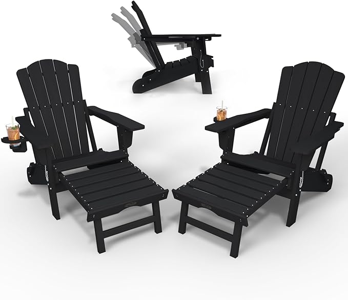 Adjustable Adirondack Chairs with Retractable Ottoman Set of 2, HDEP Folding Adirondack Chair with Footrest & Cup Holder, All Weather Fire Pit Chair for Outdoor,Black