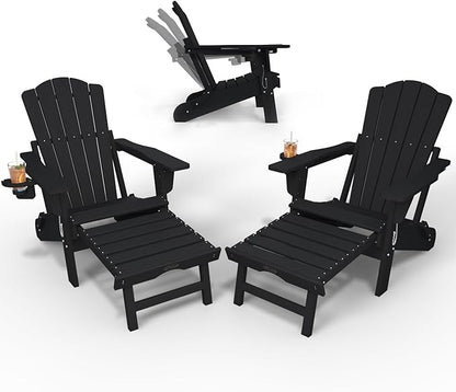 Adjustable Adirondack Chairs with Retractable Ottoman Set of 2, HDEP Folding Adirondack Chair with Footrest & Cup Holder, All Weather Fire Pit Chair for Outdoor,Black