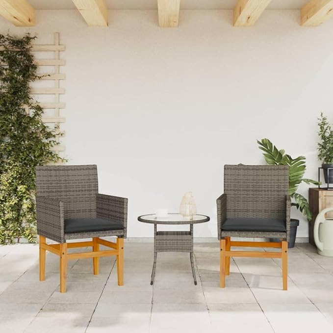 Patio Chairs with Cushions 2 pcs Gray Poly Rattan&Solid Wood Sillas para Patio Lawn Chairs for Dining Table Garden - Photo 4