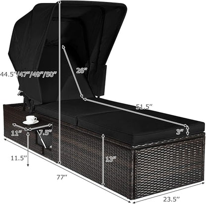Tangkula 2PCS Outdoor Chaise Lounge Chair with Folding Canopy, Adjustable Cushioned Reclining Chair with Flip-up Tea Table, Rattan Sun Lounger for Beach Poolside Backyard Balcony Porch (2, Black)