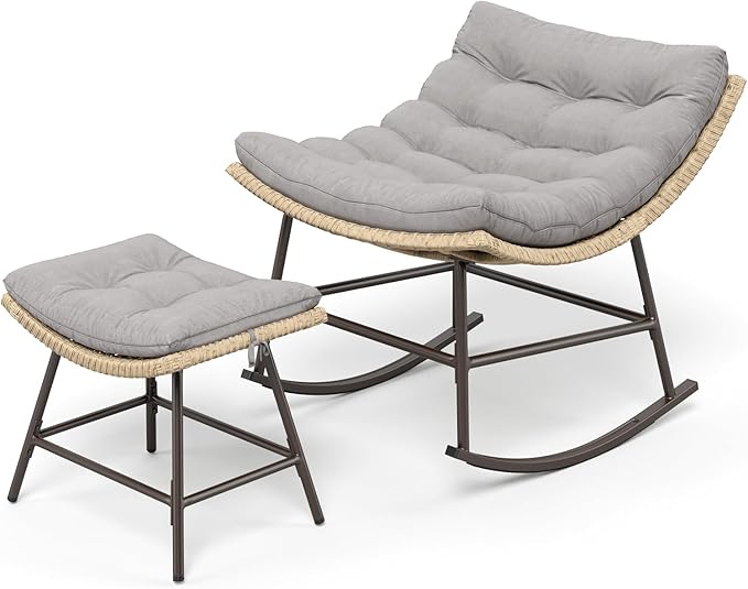 PHI VILLA Outdoor Rocking Chair with Footstool, Modern Wicker Papasan Egg Chair with Thick Comfy Cushion - Photo 1