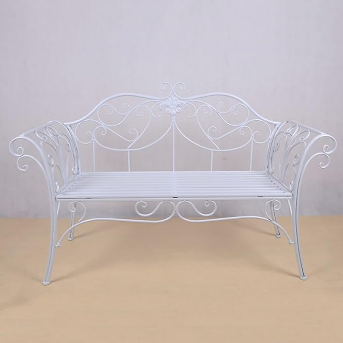 White Garden Metal Bench, Outdoor Patio Seating for 2-3, Comfortable Backrest & Armrests, Perfect for Balcony, Front Porch, and Courtyard Use