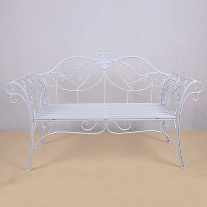 White Garden Metal Bench, Outdoor Patio Seating for 2-3, Comfortable Backrest & Armrests, Perfect for Balcony, Front Porch, and Courtyard Use