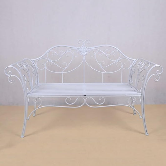 White Garden Metal Bench, Outdoor Patio Seating for 2-3, Comfortable Backrest & Armrests, Perfect for Balcony, Front Porch, and Courtyard Use
