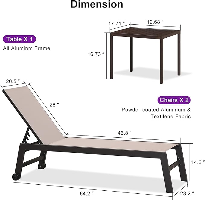 PURPLE LEAF Outdoor Chaise Lounge Chair Set of 2, Patio Pool Textilene Loungers with Adjustable Backrest and Wheels, Includes Side Table for Deck, Lawn, Garden, Sand Beige