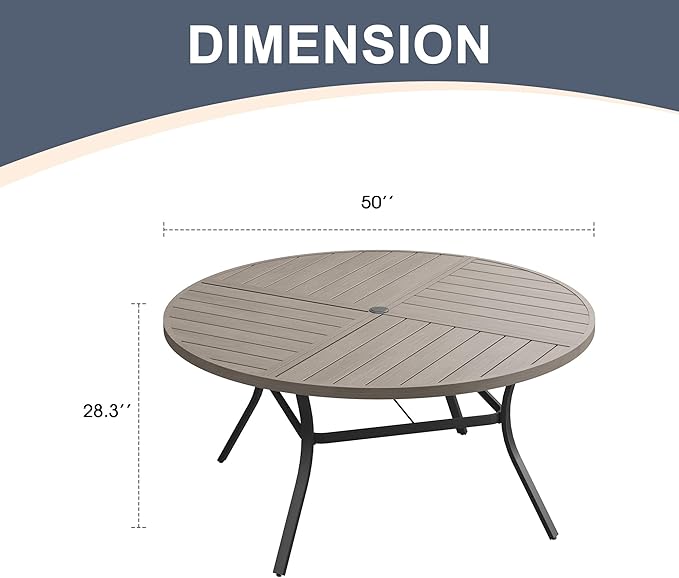 VICLLAX 50" Round Patio Dining Table for 6, All Weather Metal Outdoor Table with 1.57" Umbrella Hole and Surdy Frame for Garden Lawn Deck, Grey