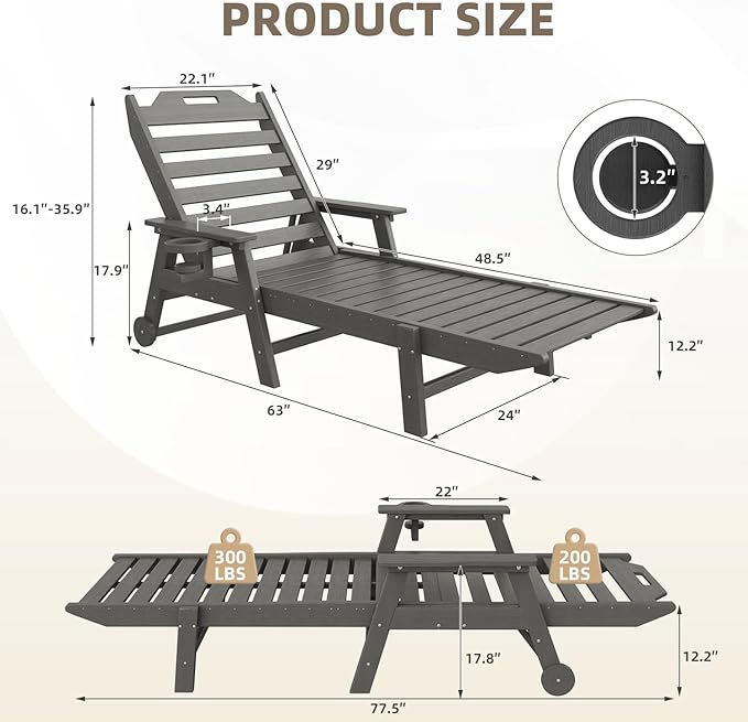 Mdeam 6-Position Pool Lounge Chairs Set of 2, 24" W Oversized Sun Tanning Chair, 500LBS Capacity - Photo 2