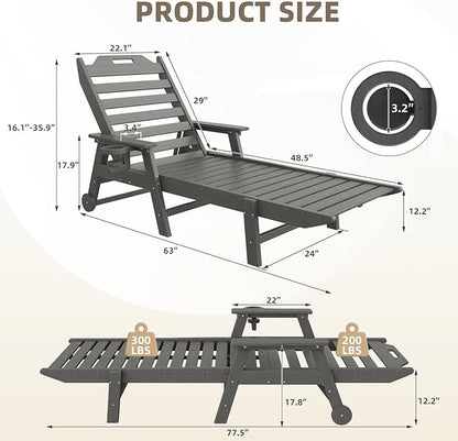 Mdeam 6-Position Pool Lounge Chairs Set of 2, 24" W Oversized Sun Tanning Chair, 500LBS Capacity, HDPE All-Weather Patio Lounge Chaise with Wheels Cup Holder for Pool Beach Backyard Deck, Dark Grey