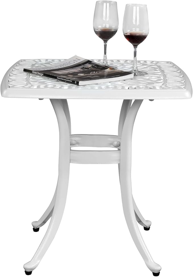 Cast Aluminum Square Table with 1.6 inch Umbrella Hole, Outdoor Patio End Side Table, Cocktail Coffee Bistro Table Weather Resistance, Adjustable Foot Pads for Garden, Porch, Balcony White